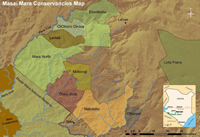 Mara ecosystem; Maasai Mara National Reserve, conservancies, group ranches - not all shown/named on map.